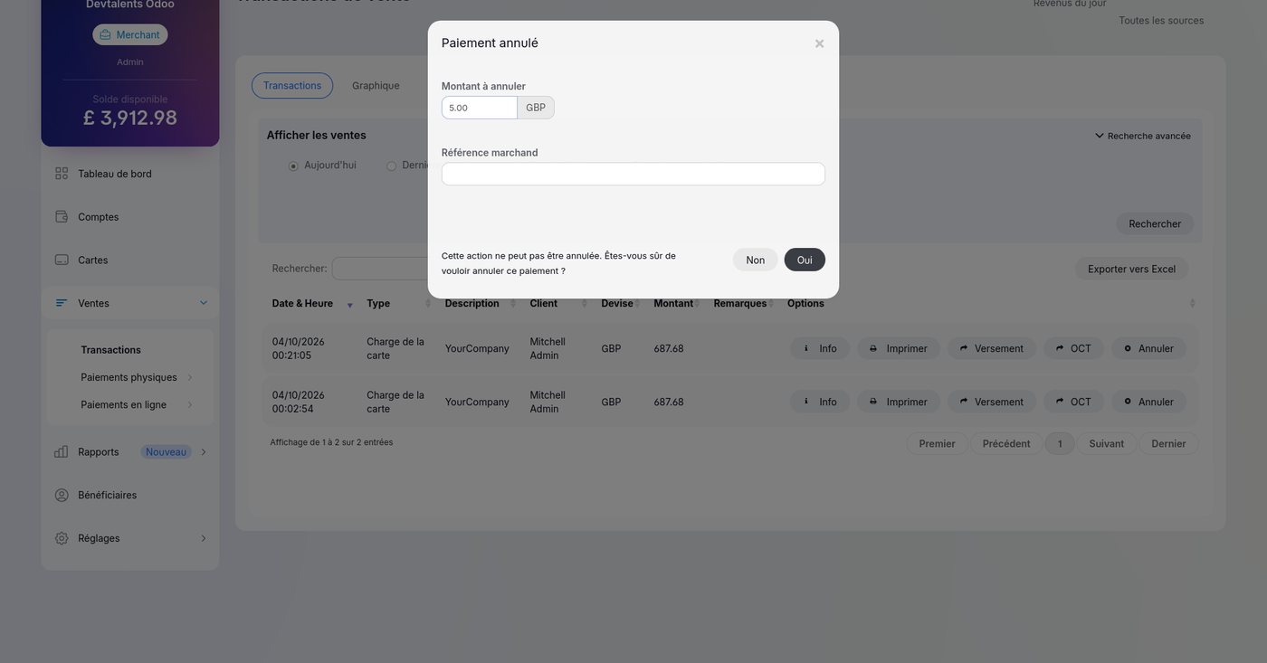 Remboursement partiel dans le dashboard Viva Wallet, enregistré automatiquement dans Odoo