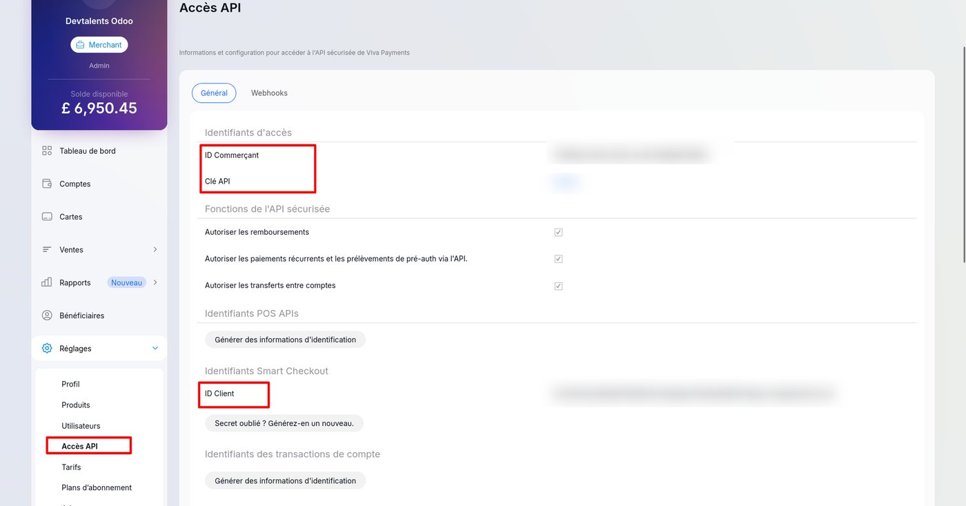 Page Accès API de Viva Wallet : ID Commerçant, Clé API et ID Client utilisés par le module de paiement Odoo