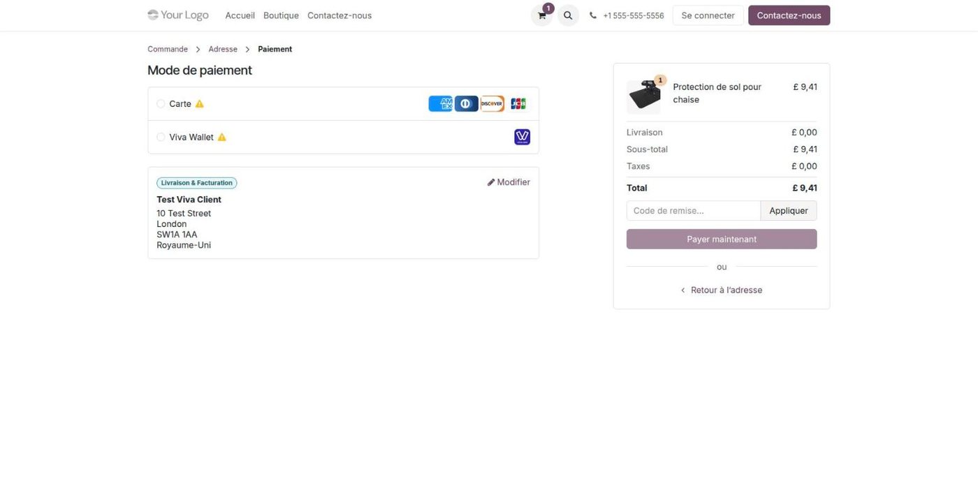 Étape de paiement Odoo avec paiement par carte Viva Wallet et marques de cartes
