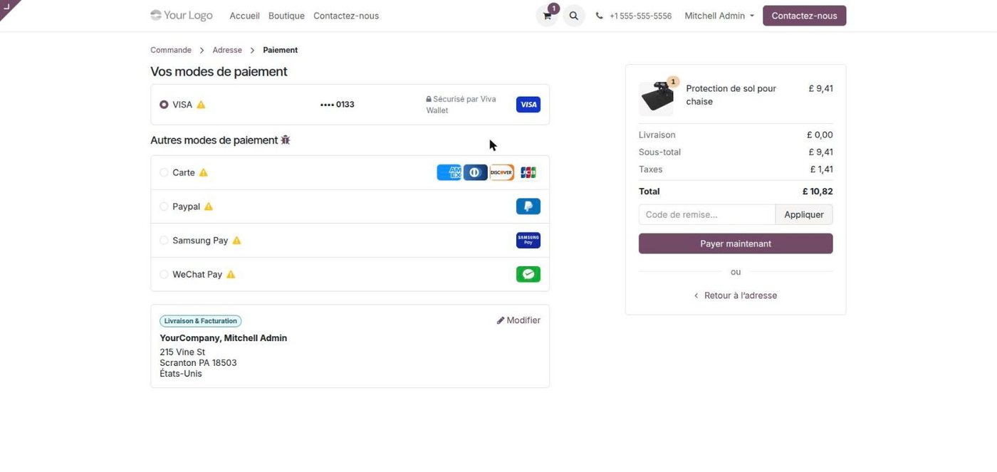 Autres moyens de paiement Viva Wallet disponibles à l'étape de paiement d'Odoo