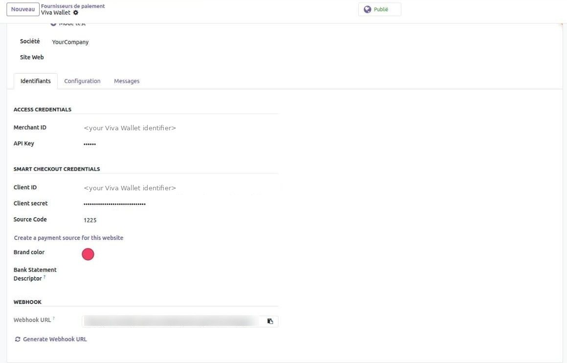 Configuration du fournisseur de paiement Viva Wallet dans Odoo avec le bouton Generate Webhook URL