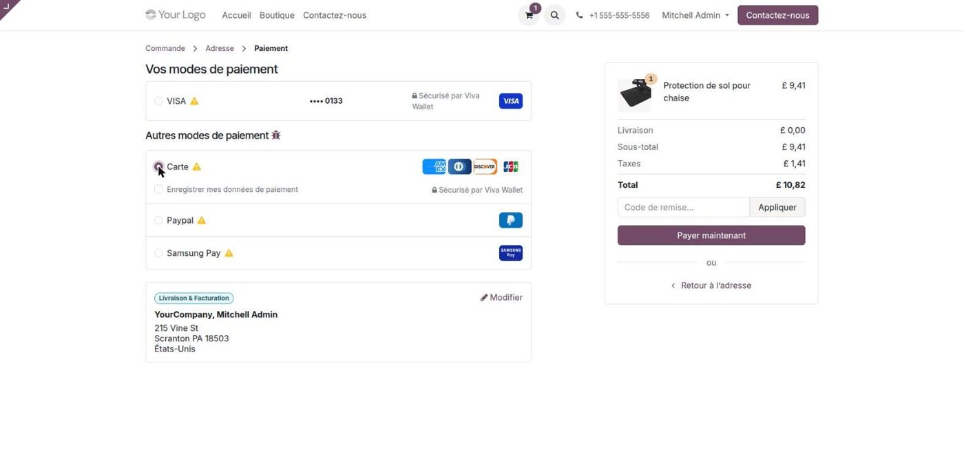 Option Enregistrer mes données de paiement avec Viva Wallet dans Odoo