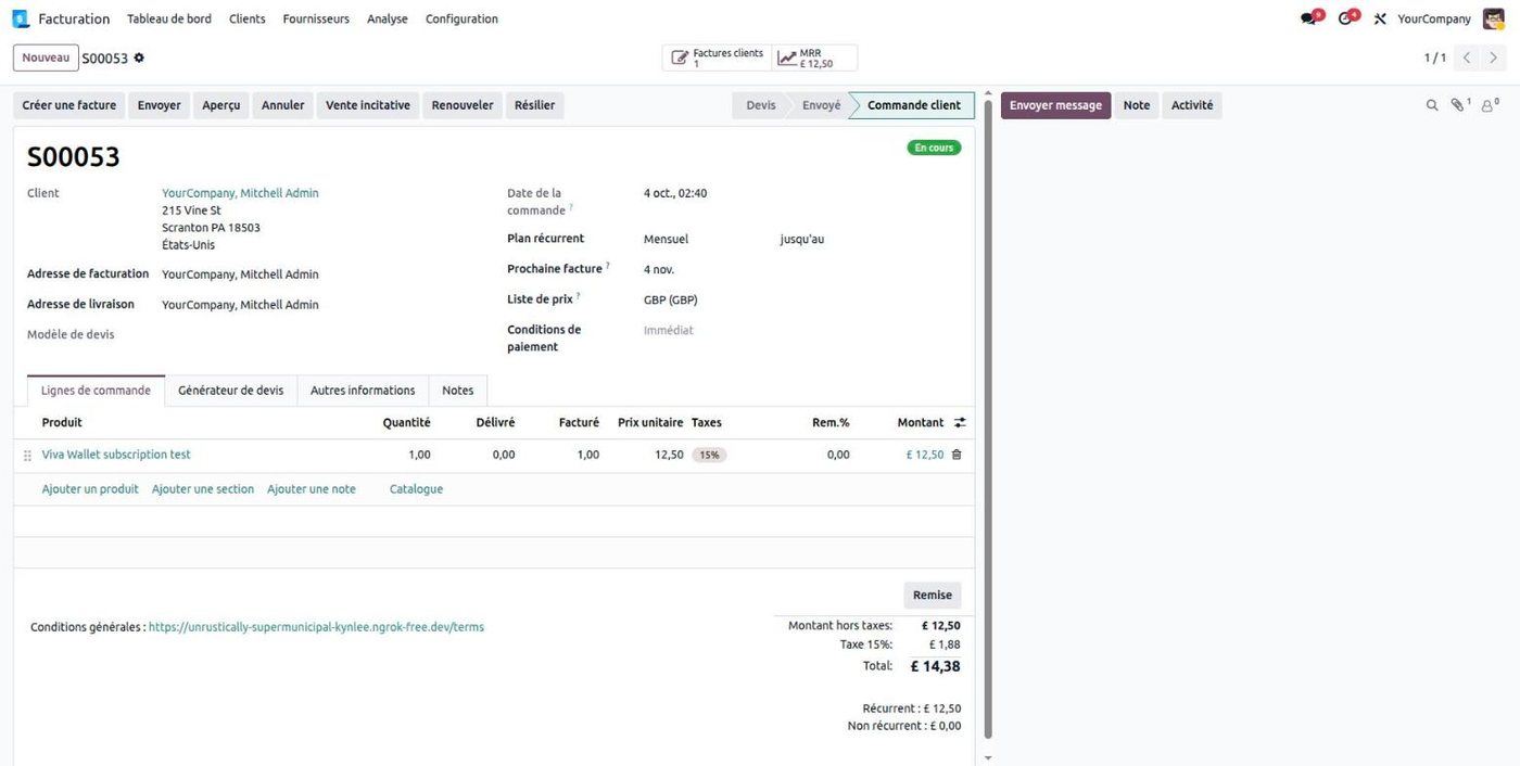 Abonnement Odoo renouvelé et payé automatiquement avec Viva Wallet