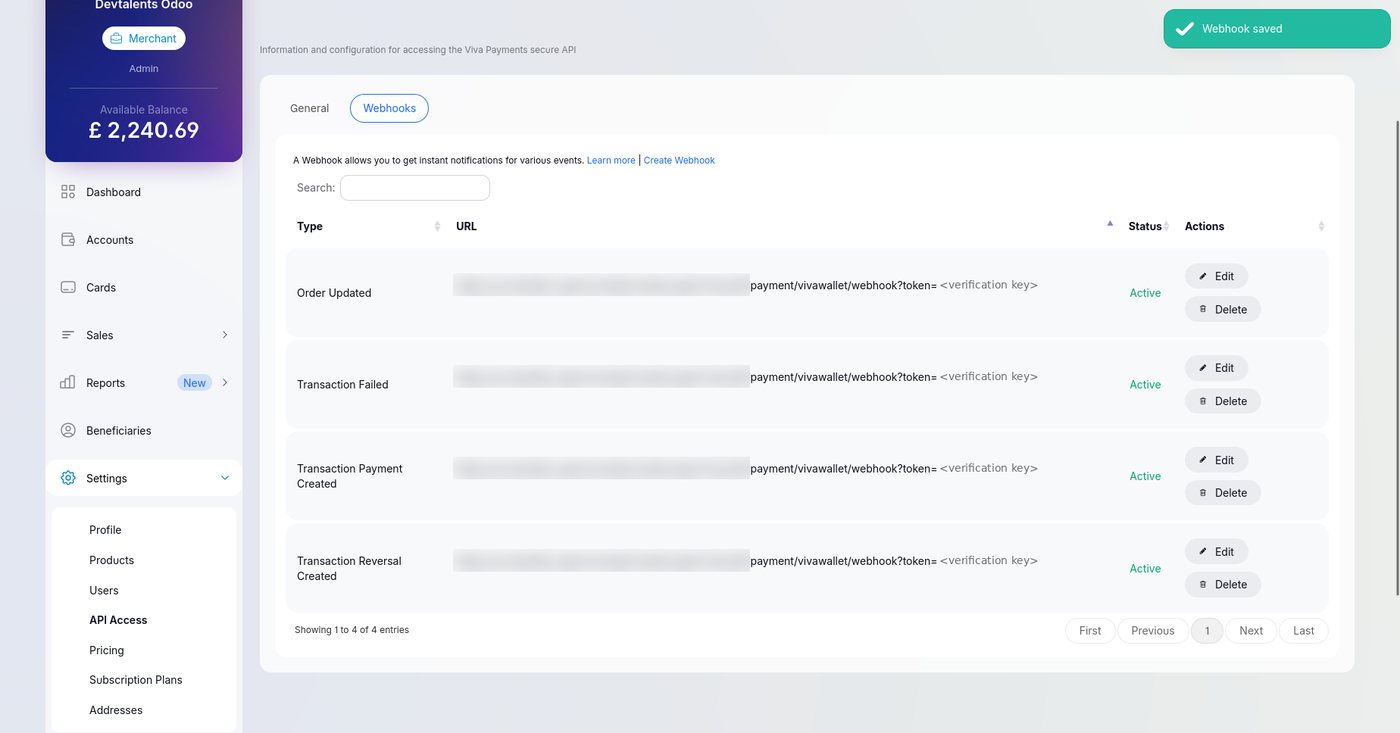 Webhooks Viva Wallet configurés pour Odoo : paiement créé, échec, remboursement et ordre mis à jour