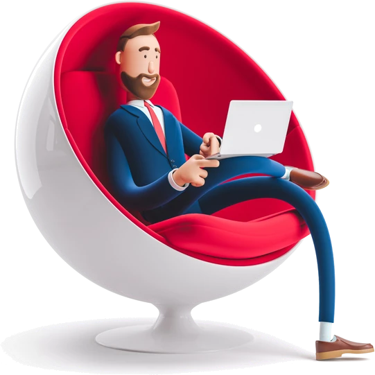 Billy, la mascotte de DevTalents, détendu dans un fauteuil avec son ordinateur pendant qu'un site Odoo se construit