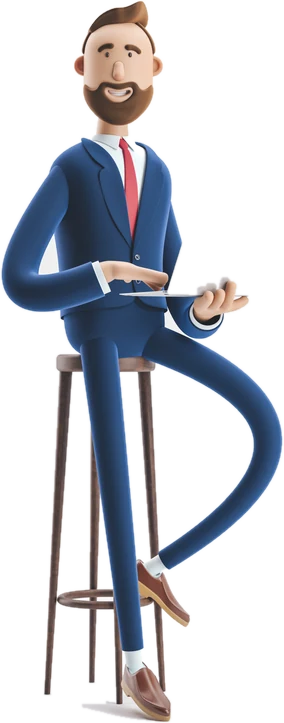 Billy, the DevTalents mascot, working on his laptop on a stool